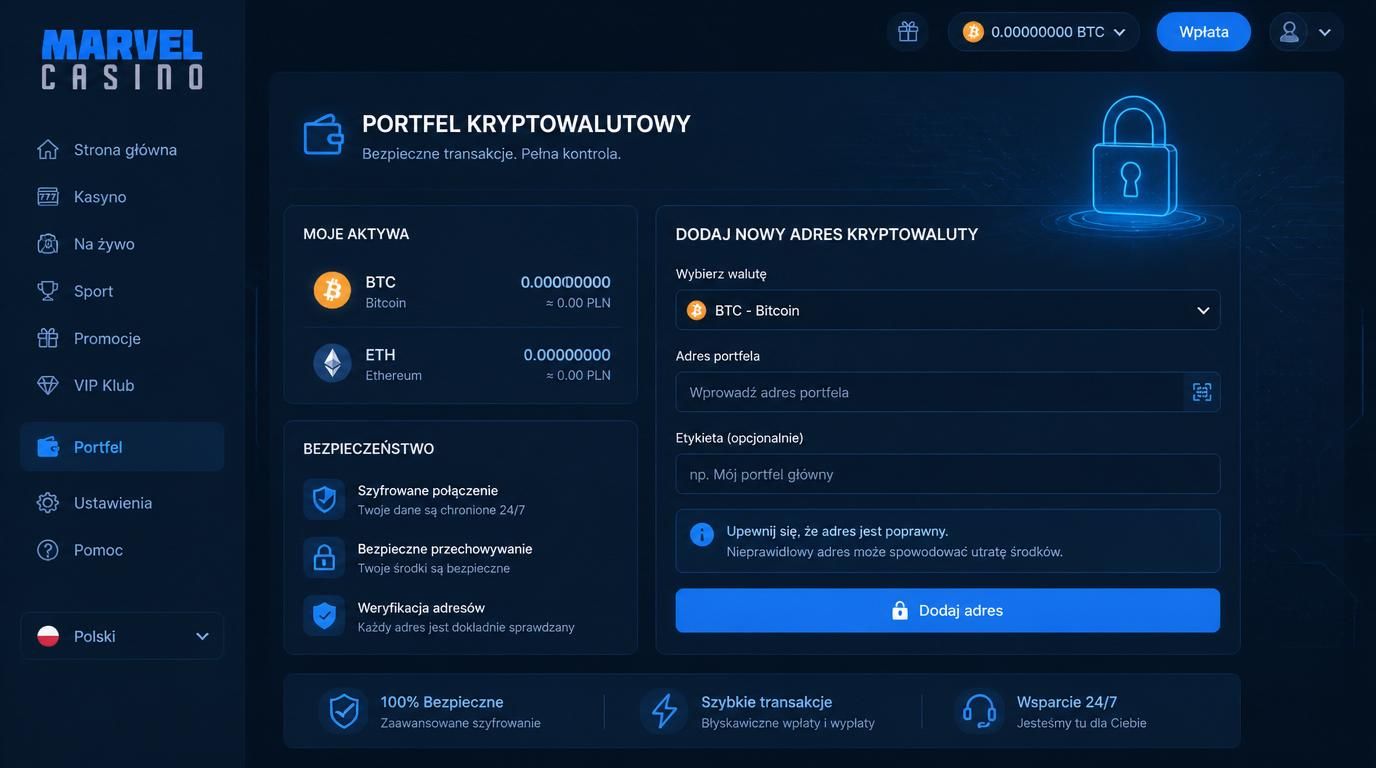 Ekran depozytu krypto z symbolami BTC i ETH oraz elementami bezpieczeństwa. 