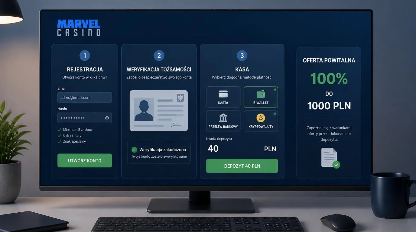 Panel kasyna z formularzem rejestracji, weryfikacją tożsamości i kasą z wpłatą 40 PLN